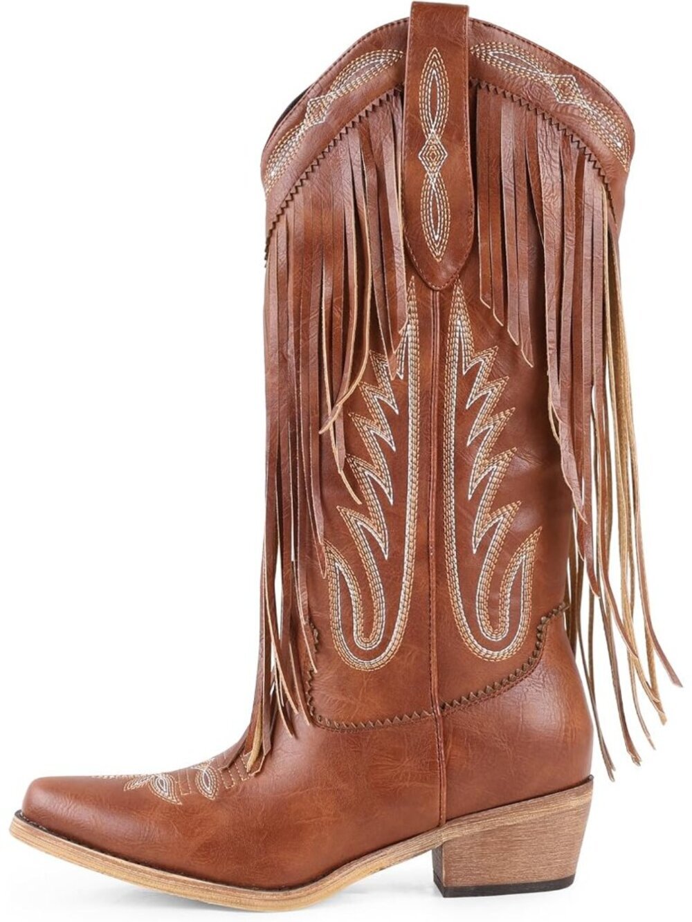 Women's Fringe Brown Western Chunky Heel Knee High Pointed Toe Boot Embroidered - Picture 4 of 6